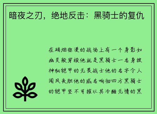 暗夜之刃，绝地反击：黑骑士的复仇