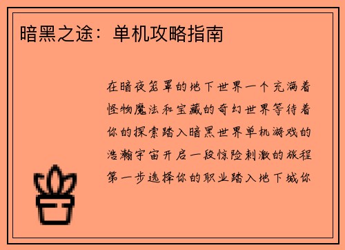 暗黑之途：单机攻略指南